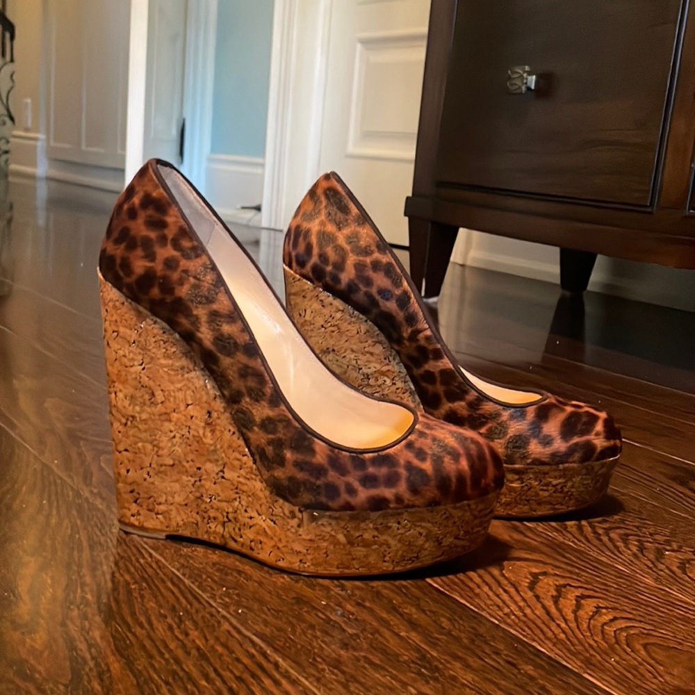 Christian Louboutin Leopard Print Pony Hair Cork Platform Wedges